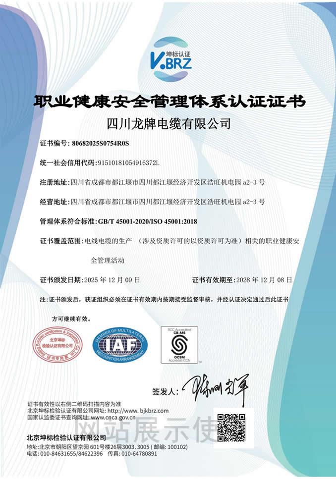 職業(yè)健康安全管理體系認(rèn)證證書